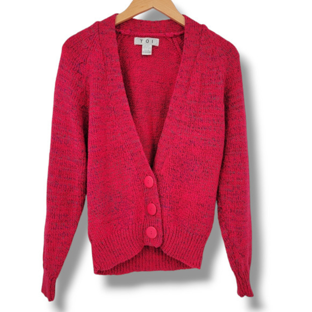 TOI Women's V Neck Big Button Spaced Dye Cable Knit Cardigan Sweater Pink Medium